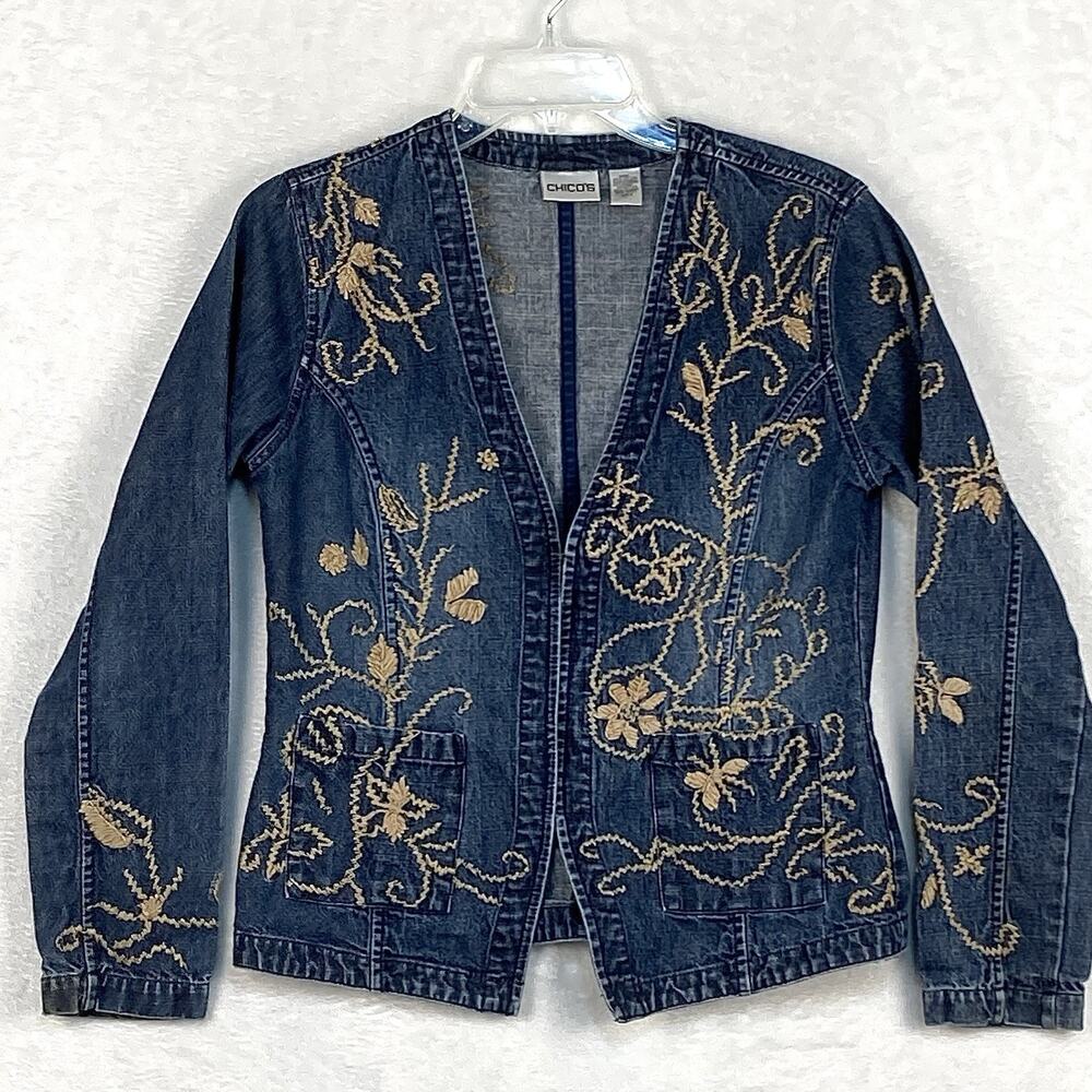 VTG Chicos Denim Jacket Women 0 (S) Embroidered Floral Western Prairie Y2K Artsy